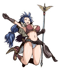 Rule 34 | 1girl, blue hair, boots, breasts, capelet, cleavage, closed eyes, female focus, full body, funamushi (funa), gloves, groin, jumping, large breasts, loincloth, long hair, low twintails, mage (ragnarok online), midriff, navel, open mouth, panties, pantyshot, pelvic curtain, ragnarok online, simple background, smile, solo, staff, twintails, underwear