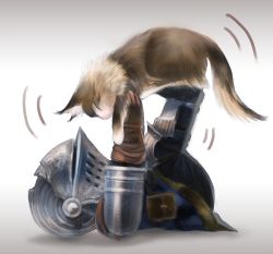Rule 34 | 1boy, animal, armor, arms up, boots, brown cat, cat, chibi, chosen undead, dark souls (series), dark souls i, gloves, helmet, holding, holding animal, holding cat, legs up, lying, male focus, motion lines, nukotama, on back, pouch, shadow, shoulder armor, simple background, strap, sweet shalquoir, tunic, visor (armor), white background