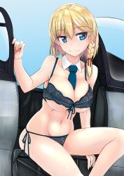 Rule 34 | 1girl, aircraft, airplane, between breasts, black bra, black panties, blonde hair, blue eyes, blue sky, bra, braid, breasts, clear sky, cleavage, closed mouth, collar, commentary request, day, detached collar, front-tie bra, hair ribbon, highres, lace, lace bra, lace panties, large breasts, leaning forward, leg up, looking at viewer, medium hair, navel, necktie, necktie between breasts, original, outdoors, panties, red ribbon, ribbon, side-tie panties, side braid, sitting, sky, smile, solo, tokihama jirou, underboob, underwear, underwear only, white collar, wing collar