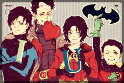 Rule 34 | 4boys, bat symbol, batman (series), battery indicator, belt, black gloves, black hair, blue eyes, brothers, cape, damian wayne, dc comics, dick grayson, family, gloves, green gloves, heart, jason todd, male focus, multicolored hair, multiple boys, nightwing, red gloves, red hood (dc), red robin, robin (dc), siblings, smile, striped, striped background, tim drake, two-tone hair, vertical stripes