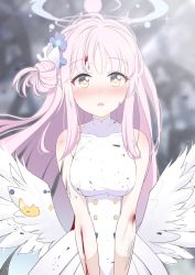 Rule 34 | 1girl, angel wings, bare shoulders, blue archive, blue bow, blush, bow, dress, feathered wings, flower, hair bun, hair flower, hair ornament, halo, highres, hoshino ouka, long hair, looking at viewer, low wings, mika (blue archive), open mouth, pink hair, single hair bun, single side bun, very long hair, white dress, white wings, wings, yellow eyes