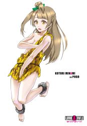 Rule 34 | 1girl, anklet, bare shoulders, barefoot, blush, bow, breasts, brown hair, cleavage, cosplay, covering privates, covering breasts, infinote, jewelry, live a live, long hair, love live!, love live! school idol project, minami kotori, open mouth, pogo (live a live), pogo (live a live) (cosplay), side ponytail, solo
