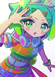 Rule 34 | 1girl, belt, blue hair, blush, commentary request, cowboy shot, cropped jacket, fang, green belt, green eyes, green hair, hand up, headphones, headphones around neck, idol clothes, idol time pripara, koyoshi yoko, looking at viewer, multicolored hair, nijiiro nino, open hand, open mouth, orange shorts, pretty series, pripara, short hair, shorts, simple background, solo, standing, triangle hair ornament, triangle print, two-tone hair, v-shaped eyebrows, white background