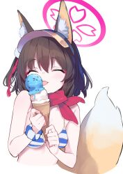 Rule 34 | 1girl, ^ ^, absurdres, animal ear fluff, animal ears, bikini, blue archive, breasts, brown hair, closed eyes, commentary request, food, fox ears, fox girl, fox tail, halo, highres, ice cream, izuna (blue archive), izuna (swimsuit) (blue archive), licking, official alternate costume, red halo, red scarf, scarf, short hair, simple background, small breasts, solo, striped bikini, striped clothes, sutora binsuke, swimsuit, tail, tongue, tongue out, upper body, visor cap, white background