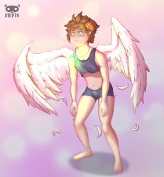 Rule 34 | absurdres, angel, angel wings, bulge, falling feathers, feathers, girly boy, highres, hypnosis, kid icarus, male focus, mind control, nintendo, pit (kid icarus), self-upload, short shorts, shorts, wings