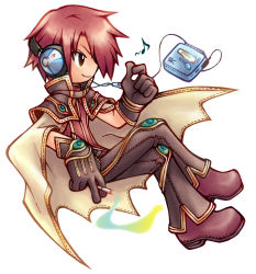 Rule 34 | 1boy, blouse, cigarette, crossed legs, headphones, highres, holding, holding cigarette, male focus, musical note, quaver, ragnarok online, red hair, red shirt, shirt, simple background, sitting, sleeveless, sleeveless shirt, smoking, solo, white background, wizard