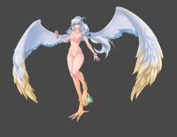 Rule 34 | 1girl, absurdres, anklet, artist request, blue wings, breasts, casting spell, fantasy, full body, green eyes, grey background, harpy, highres, jewelry, kizoriin, magic, medium breasts, monster girl, multicolored wings, multiple rings, nail polish, nude, original, prehensile toes, ring, simple background, solo, talons, thigh strap, toe ring, toeless legwear, white hair, white wings, wings, yellow wings