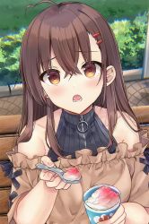 Rule 34 | 1girl, ahoge, bare shoulders, black shirt, blush, brown eyes, brown hair, brown shirt, collarbone, commentary request, cup, day, disposable cup, food, hair between eyes, hair ornament, hairclip, highres, holding, holding cup, holding spoon, kooribata, long hair, looking at viewer, maruma (maruma gic), off-shoulder shirt, off shoulder, on bench, open mouth, original, outdoors, shaved ice, shirt, short sleeves, sitting, sleeveless, sleeveless shirt, solo, spoon, upper body