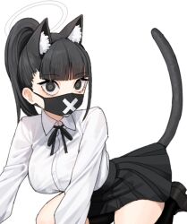 Rule 34 | 1girl, 28 (282teeth), alternate costume, animal ear fluff, animal ears, black eyes, black footwear, black hair, black mask, black skirt, black socks, blue archive, breasts, cat ears, cat tail, collared shirt, commentary request, halo, korean commentary, large breasts, long hair, long sleeves, looking at viewer, mask, mouth mask, pleated skirt, ponytail, shirt, shoes, simple background, skirt, socks, solo, sukeban (smg) (blue archive), tail, white background, white shirt