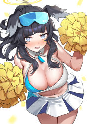 Rule 34 | 1girl, ahoge, animal ears, bare shoulders, black hair, blue archive, blue eyes, blush, breasts, cheerleader, cowboy shot, crop top, dog ears, goggles, goggles on head, halo, hatsuno xxx, hibiki (blue archive), hibiki (cheer squad) (blue archive), highres, large breasts, looking at viewer, millennium cheerleader outfit (blue archive), navel, open mouth, pom pom (cheerleading), ponytail, revision, sidelocks, simple background, skirt, solo, standing, white background, white skirt