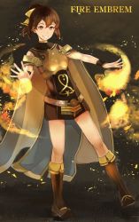 Rule 34 | 1girl, akuria, armor, bare shoulders, boots, bow, breastplate, brown hair, cape, delthea (fire emblem), fire, fire emblem, fire emblem echoes: shadows of valentia, grass, long hair, nintendo, orange eyes, ponytail, teeth