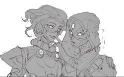 Rule 34 | 2girls, ?, android, apex legends, ash (titanfall 2), denizen of the deep ash, goggles, greyscale, hand on another&#039;s shoulder, highres, hood, hood up, horizon (apex legends), mask, monochrome, multiple girls, official alternate costume, overfloater horizon, parted lips, portrait, ruu47, short hair, sketch, smile, spacesuit, white background
