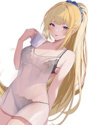 Rule 34 | 1girl, absurdres, bare shoulders, black bra, blonde hair, blush, bra, bra visible through clothes, breasts, chemise, cleavage, coffee mug, collarbone, commentary, commentary request, cup, english commentary, hair ornament, high ponytail, highres, karuizawa kei, lace, lace-trimmed bra, lace-trimmed panties, lace trim, large breasts, lingerie, long hair, looking at viewer, mixed-language commentary, mug, navel, nipples, open mouth, oversized clothes, oversized shirt, panties, ponytail, purple eyes, see-through, see-through bra, see-through chemise, see-through cleavage, see-through shirt, shirt, simple background, solo, swimsuit, thighs, twitter username, underwear, white shirt, xueli shimazaki, youkoso jitsuryoku shijou shugi no kyoushitsu e