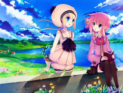 Rule 34 | 2girls, arm behind back, bell, black eyes, blonde hair, blue eyes, book, bow, brown legwear, cloud, day, gloves, hair ornament, hat, holding, landscape, long hair, looking at another, multiple girls, outdoors, pink hair, pixiv fantasia, pixiv fantasia 3, pointy ears, red hair, rugo, school uniform, short hair, sitting, sky, sleeveless, standing, thighhighs, twintails, water, white gloves, zettai ryouiki