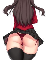 Rule 34 | 1girl, ass, aster crowley, black skirt, black thighhighs, fate/stay night, fate (series), from behind, highres, huge ass, long hair, long sleeves, miniskirt, panties, pleated skirt, red panties, red shirt, shirt, side-tie panties, simple background, skirt, solo, standing, thick thighs, thigh gap, thighhighs, thighs, thong, tohsaka rin, two side up, underwear, upskirt, white background