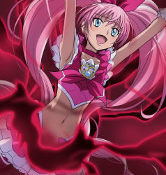 Rule 34 | 10s, 1girl, aqua eyes, armpits, arms up, belly, bow, brooch, choker, cure melody, eyelashes, female pubic hair, frilled skirt, frilled sleeves, frills, from below, hair bow, hair ribbon, haruyama kazunori, heart, houjou hibiki, jewelry, long hair, midriff, miniskirt, navel, open mouth, pink hair, pink ribbon, precure, pubic hair, pussy, red theme, ribbon, skirt, smile, solo, suite precure, twintails, very long hair