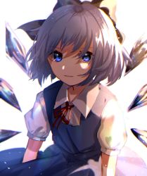 Rule 34 | 1girl, blue bow, blue dress, blue eyes, blue hair, bow, cirno, closed mouth, collar, dress, eyes visible through hair, hair between eyes, highres, ice, ice wings, light, looking at viewer, mozuno (mozya 7), puffy short sleeves, puffy sleeves, red bow, red neckwear, shadow, shirt, short hair, short sleeves, simple background, smile, solo, teeth, touhou, white background, white shirt, white sleeves, wings