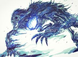 Rule 34 | 1other, all fours, bloodborne, blue theme, darkbeast paarl, from software, highres, monster, no humans, open mouth, shimhaq, signature, solo