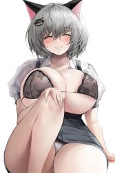 Rule 34 | 1girl, absurdres, animal ears, areola slip, blush, bra, breasts, breasts out, bursting breasts, cat ears, cleavage, closed eyes, curvy, grey hair, havoc-chan, highres, huge breasts, large areolae, open clothes, original, panties, school uniform, short hair, sitting, smile, solo, suou-sensei, thick thighs, thighs, underwear, upskirt, wide hips
