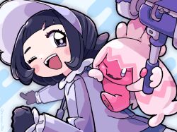 Rule 34 | 2girls, :d, black hair, blue background, blunt bangs, blush, blush stickers, bonnet, commentary request, creatures (company), dress, game freak, hammer, highres, holding, holding hammer, holding weapon, long sleeves, looking at another, mika no nijika, multiple girls, nintendo, one eye closed, open mouth, outstretched arm, pink hair, pokemon, pokemon (creature), pokemon sv, poppy (pokemon), purple dress, purple eyes, short hair, smile, solo, teeth, tinkaton, upper teeth only, weapon