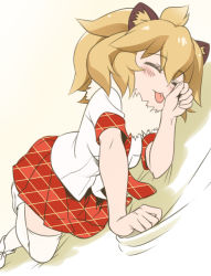 Rule 34 | 10s, 1girl, :3, animal ears, bed sheet, blonde hair, blush, cat ears, closed eyes, fur trim, kemono friends, licking, lion (kemono friends), lion ears, lying, on side, paw pose, school uniform, sheet grab, short hair, skirt, solo, thighhighs, tongue, tongue out, white thighhighs, youkan