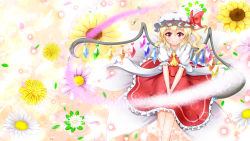 Rule 34 | 1girl, ascot, blonde hair, daisy, dandelion, flandre scarlet, floral background, flower, from above, hands on lap, hat, hat ribbon, highres, light trail, looking at viewer, mob cap, puffy short sleeves, puffy sleeves, red eyes, ribbon, short hair, short sleeves, side ponytail, sitting, sitting on object, skirt, skirt set, smile, solo, touhou, v arms, wings, ymd (holudoun)