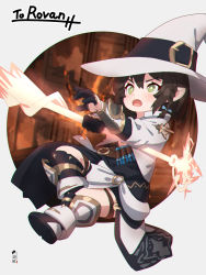 Rule 34 | 1girl, armored boots, belt, black belt, black footwear, black hair, boots, braid, commentary, commission, fictional persona, final fantasy, final fantasy xiv, finger cots, green eyes, hair between eyes, hat, hat belt, highres, holding, holding staff, knee boots, kuro kosyou, looking away, open mouth, original, pointy ears, shirt, skeb commission, solo, staff, v-shaped eyebrows, warrior of light (ff14), white hat, white shirt, witch hat