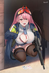 Rule 34 | 1girl, assault rifle, beruko14, between breasts, black gloves, black thighhighs, blue jacket, blue skirt, bra, breasts, carbine, card, cleavage, eyewear on head, fang, girls&#039; frontline, gloves, gun, hair ornament, hairclip, highres, holding, holding gun, holding weapon, jacket, large breasts, long sleeves, miniskirt, panties, partially unbuttoned, pink bra, pink eyes, pink hair, playing card, pleated skirt, resolution mismatch, rifle, shirt, sig mcx (girls&#039; frontline), sig mcx, skirt, solo, source larger, squatting, thighhighs, underwear, weapon, white panties, white shirt