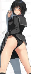 Rule 34 | 1girl, amagami, ass, black hair, black jacket, black one-piece swimsuit, black sailor collar, black skirt, black socks, bob cut, breasts, brown eyes, commentary, competition swimsuit, feet out of frame, from behind, highres, jacket, kibito high school uniform, kneehighs, looking at viewer, looking back, medium breasts, nanasaki ai, one-piece swimsuit, pleated skirt, revision, sailor collar, school uniform, serafuku, short hair, signature, skirt, socks, solo, swimsuit, swimsuit under clothes, twitter username, yoo tenchi
