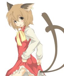 Rule 34 | 1girl, animal ears, ass, bad id, bad pixiv id, blush, brown eyes, brown hair, cat ears, cat girl, cat tail, chen, clothes lift, dress, earrings, fang, female focus, hayagiri, jewelry, multiple tails, short hair, simple background, skirt, skirt lift, solo, tail, touhou, white background