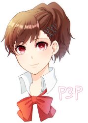 Rule 34 | 1girl, asymmetrical hair, blush, bow, bowtie, brown hair, closed mouth, collared shirt, commentary request, eyelashes, gekkoukan high school uniform, hair ornament, hairclip, highres, kureha jhsh, looking at viewer, persona, persona 3, persona 3 portable, portrait, red bow, red bowtie, red eyes, school uniform, shadow, shiomi kotone, shirt, short hair, simple background, smile, solo, sparkle, swept bangs, white background, x hair ornament