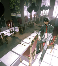 Rule 34 | 1boy, balloon, black eyes, black footwear, black hair, black jacket, black pants, black shirt, bottle, candle, candlestand, chain, collared shirt, colored sclera, commentary, fork, formal, highres, indoors, ishida (segu ishida), jacket, jewelry, knife, long sleeves, looking at viewer, male focus, necktie, original, pants, parted lips, plate, red necktie, ring, shirt, shoes, short hair, smile, solo, suit, suit jacket, table, wine bottle, yellow sclera