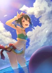 Rule 34 | 1girl, :d, arm up, armpits, bad id, bad pixiv id, ball, bangle, beachball, bikini, bikini skirt, black hair, blue sky, blush, bow, bracelet, breasts, cleavage, cloud, collarbone, earrings, flower, flower necklace, frill trim, frills, hair flower, hair ornament, hand gesture, hibiscus, highres, jewelry, looking at viewer, love live!, love live! school idol project, macken, medium hair, nail polish, natsuiro egao de 1 2 jump!, navel, necklace, ocean, open mouth, outdoors, red bow, red eyes, red flower, sky, sleeveless, small breasts, smile, solo, star (symbol), star earrings, striped bikini, striped clothes, swimsuit, tankini, teeth, upper teeth only, water, yazawa nico