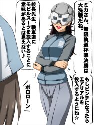 Rule 34 | 2girls, alternate costume, black hair, blue headwear, blue jacket, brown hair, commentary, crossed arms, crossover, girls und panzer, grey headwear, grey pants, gundam, gundam suisei no majo, hat, helmet, highres, jacket, keizoku military uniform, long hair, long sleeves, looking at another, mika (girls und panzer), military uniform, motion lines, multiple girls, omachi (slabco), open mouth, pants, prospera mercury, raglan sleeves, simple background, standing, track jacket, translated, tulip hat, uniform, voice actor connection, white background