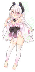 Rule 34 | 1girl, :d, black bow, bow, breasts, cleavage, commentary, eyes visible through hair, fang, full body, groin, hair over one eye, halo, hand up, highres, horns, japanese clothes, kimono, long sleeves, looking at viewer, maebari, medium breasts, no shoes, off shoulder, open mouth, original, pointy ears, short eyebrows, simple background, sleeves past wrists, smile, solo, stirrup legwear, symbol-only commentary, thick eyebrows, thighhighs, toeless legwear, unname, white background, white hair, white kimono, white thighhighs, wide sleeves