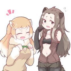 Rule 34 | 10s, 2girls, alternate hair length, alternate hairstyle, american beaver (kemono friends), animal ears, bare shoulders, beaver ears, beaver tail, black-tailed prairie dog (kemono friends), blush, bow, bowtie, bra, brown hair, clenched hands, commentary request, elbow gloves, closed eyes, fang, flying sweatdrops, forehead, fur collar, gloves, hair ornament, hairclip, hands on own chest, kemono friends, light brown hair, long hair, long sleeves, mahe (hammerdskd), multicolored hair, multiple girls, navel, open mouth, pantyhose, shorts, sweater, tail, underwear, vest, white hair