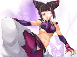 Rule 34 | 1girl, abs, akane yuki, capcom, drill hair, evil grin, evil smile, fighting stance, glowing, glowing eye, grin, halterneck, halterneck, han juri, kicking, midriff, nail polish, navel, pink nails, smile, solo, standing, standing on one leg, street fighter, street fighter iv (series), twin drills