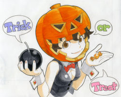 Rule 34 | 1girl, bomb, bow, bowtie, breasts, brown eyes, brown hair, candy, cleavage, explosive, food, gorigo, halloween, highres, jack-o&#039;-lantern, medium breasts, pumpkin, pumpkin hat, simple background, smile, solo, traditional media, trick or treat, white background, wrist cuffs