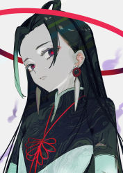 Rule 34 | 1boy, absurdres, black hair, blue eyes, chinese clothes, closed mouth, commentary request, earrings, expressionless, eyeshadow, fate/grand order, fate (series), green hair, halo, highres, jewelry, kitou saji, long hair, long sleeves, looking at viewer, makeup, male focus, multicolored eyes, multicolored hair, pale skin, red eyes, red eyeshadow, simple background, solo, taisui xingjun (fate), upper body