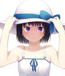 Rule 34 | 1girl, 3:, achiki, bad id, bad pixiv id, bare arms, bare shoulders, black hair, blush, dress, hands on headwear, hat, looking at viewer, original, purple eyes, short hair, simple background, sleeveless, sleeveless dress, solo, sun hat, sundress, upper body, white background