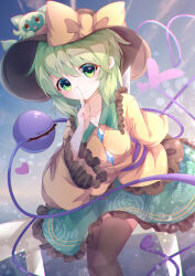 Rule 34 | 1girl, absurdres, black headwear, black thighhighs, bow, buttons, chromatic aberration, closed eyes, creatures (company), diamond button, game freak, green eyes, green hair, green skirt, hat, hat bow, heart, heart-shaped pupils, heart of string, highres, komeiji koishi, littlepeace, long sleeves, looking at viewer, nintendo, pink pupils, pokemon, shirt, short hair, skirt, sprigatito, symbol-shaped pupils, thighhighs, third eye, touhou, yellow bow, yellow shirt