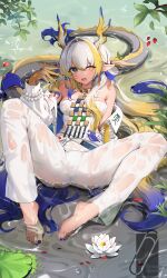 Rule 34 | 1girl, absurdres, arknights, bare shoulders, barefoot, bead bracelet, beads, blue nails, bracelet, colored tips, dragon girl, dragon horns, dragon tail, earrings, eyeliner, fang, feet, flower, hair ornament, hair stick, highres, horns, jacket, jewelry, knee up, long hair, lotus, makeup, multicolored hair, nail polish, no shoes, one eye closed, pants, partially submerged, pointy ears, qinshishizhang, red eyeliner, red pupils, shirt, shu (arknights), sitting, spread legs, strapless, strapless shirt, tail, tassel, tassel earrings, toenail polish, toenails, toes, wet, wet clothes, wet shirt, white hair, white jacket, white pants