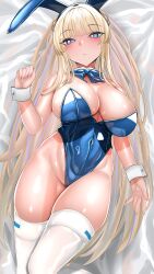 Rule 34 | 1girl, animal ears, bare shoulders, blonde hair, blue archive, blue eyes, blue leotard, blush, bow, bowtie, braid, breasts, cleavage, covered navel, detached collar, earpiece, fake animal ears, french braid, halo, highleg, highleg leotard, highres, keishi surota, large breasts, leotard, long hair, looking at viewer, lying, on back, playboy bunny, rabbit ears, solo, thighhighs, thighs, toki (blue archive), toki (bunny) (blue archive), white thighhighs, wrist cuffs