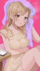 Rule 34 | 1girl, :o, arm under breasts, bang dream!, bare arms, blonde hair, bow, breasts, cellphone, character name, collarbone, commentary, cushion, dated, dress, dress bow, drying, drying hair, feet out of frame, fingernails, hair down, hand up, happy birthday, highres, holding, holding towel, ichigaya arisa, knees up, light blush, long hair, looking at viewer, medium breasts, nightgown, nobusawa osamu, parted lips, phone, pink background, simple background, sitting, sleeveless, sleeveless dress, smartphone, solo, steam, swept bangs, table, towel, water drop, wet, wet hair, white bow, yellow dress, yellow eyes
