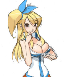 Rule 34 | 1girl, bare shoulders, blonde hair, breasts, brown eyes, cleavage, cleavage reach, fairy tail, finger in own mouth, hair ribbon, large breasts, long hair, lucy heartfilia, naughty face, no bra, ribbon, robert de jesus, side ponytail, smile, solo