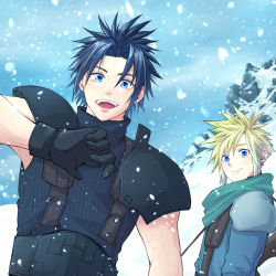 Rule 34 | 2boys, aged down, armor, black hair, blonde hair, blue eyes, blue shirt, cloud strife, crisis core final fantasy vii, earrings, final fantasy, final fantasy vii, gloves, hair between eyes, jewelry, long sleeves, looking at viewer, male focus, mountain, multiple boys, open mouth, parted bangs, shinra infantry uniform, shirt, short hair, shoulder armor, single earring, sleeveless, sleeveless turtleneck, smile, snow, snowing, spiked hair, square enix, suspenders, tanutanu 2g, teeth, turtleneck, upper body, upper teeth only, zack fair