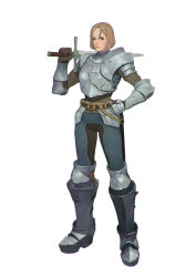 Rule 34 | 1girl, absurdres, armor, armored boots, belt, blonde hair, blue eyes, boots, fantasy, faulds, female focus, female knight, full body, gauntlets, hand on own hip, highres, holding, holding sword, holding weapon, knight, original, over shoulder, plate armor, short hair, simple background, solo, sonech, sword, sword over shoulder, weapon, weapon over shoulder, white background
