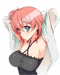 Rule 34 | 10s, 1girl, armpits, arms up, bad id, bad twitter id, blue eyes, blush, breasts, cleavage, female focus, kusanagi tonbo, large breasts, looking at viewer, pink hair, red hair, short hair, simple background, solo, white background, yahari ore no seishun lovecome wa machigatteiru., yuigahama yui
