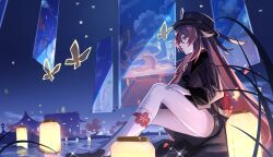 1girl banner black_shorts brown_hair bug butterfly chinese_clothes collared_coat commentary_request flower-shaped_pupils from_side genshin_impact hat highres hu_tao_(genshin_impact) insect kukatsuma lantern long_hair night night_sky outdoors paper_lantern porkpie_hat scenery shorts sitting sky socks solo symbol-shaped_pupils tree very_long_hair water white_socks