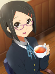 Rule 34 | 1girl, black eyes, black hair, cup, glasses, indoors, k-on!, kakiuchi itsuki, okuda nao, school uniform, short hair, sitting, solo, steam, tea, teacup